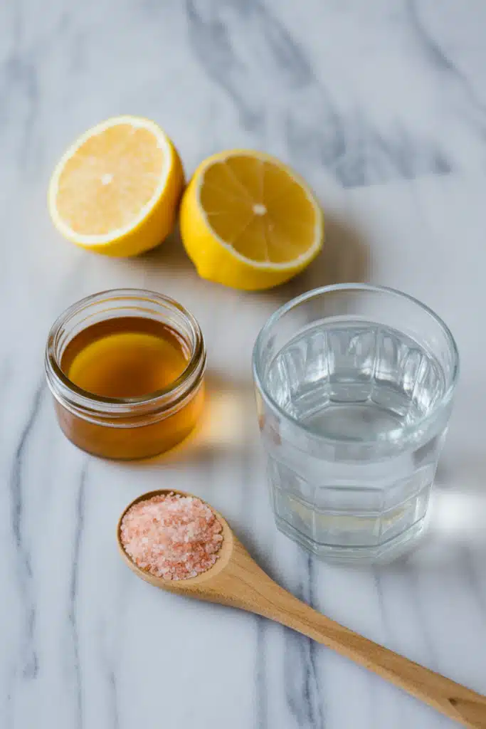 Four ingredients for mounjaro recipe: lemon, apple cider vinegar, pink salt, and water.