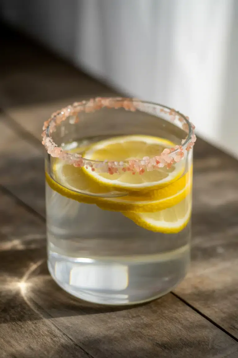 Close-up homemade Mounjaro recipe drink with lemon and pink Himalayan salt.