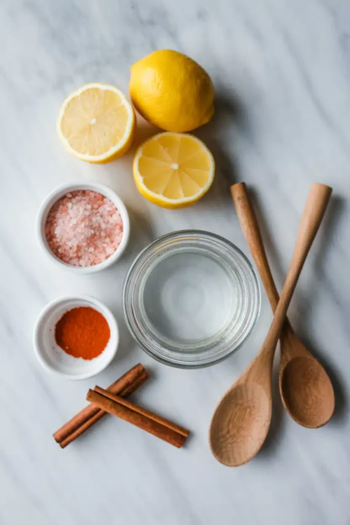 Homemade Mounjaro recipe ingredients including lemon, pink Himalayan salt, and purified water.