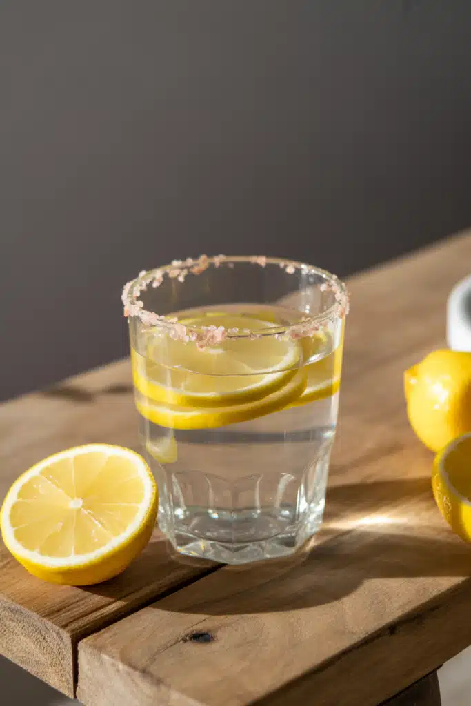 Close-up homemade Mounjaro recipe drink with lemon and pink Himalayan salt.