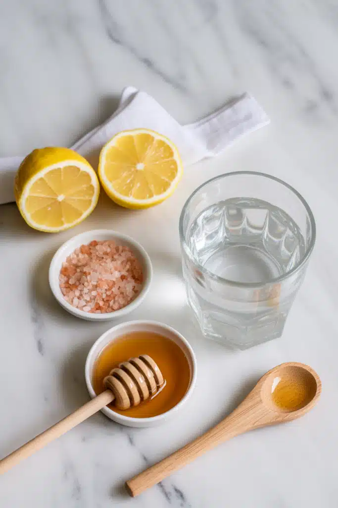 Ingredients for Natural Mounjaro recipe with 4 ingredients: lemon, pink salt, honey, and water.