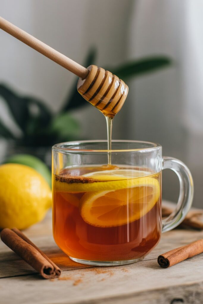 Close-up Brazilian Mounjaro recipe drink with lemon, honey, and cinnamon.