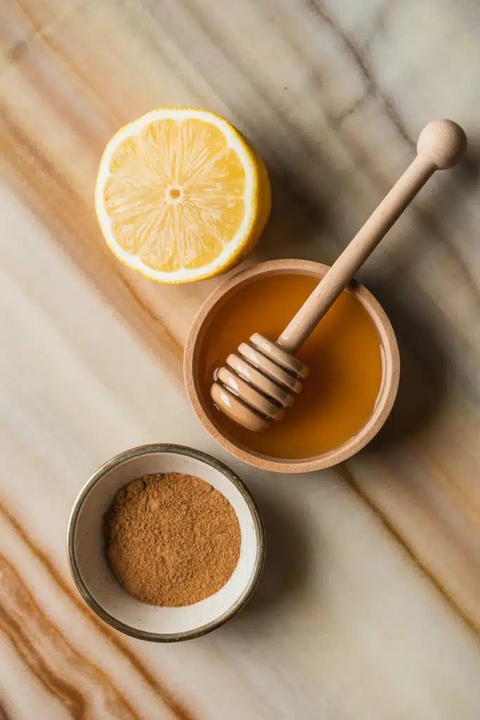 Ingredients for Brazilian Mounjaro recipe with 3 ingredients: lemon, honey, cinnamon.