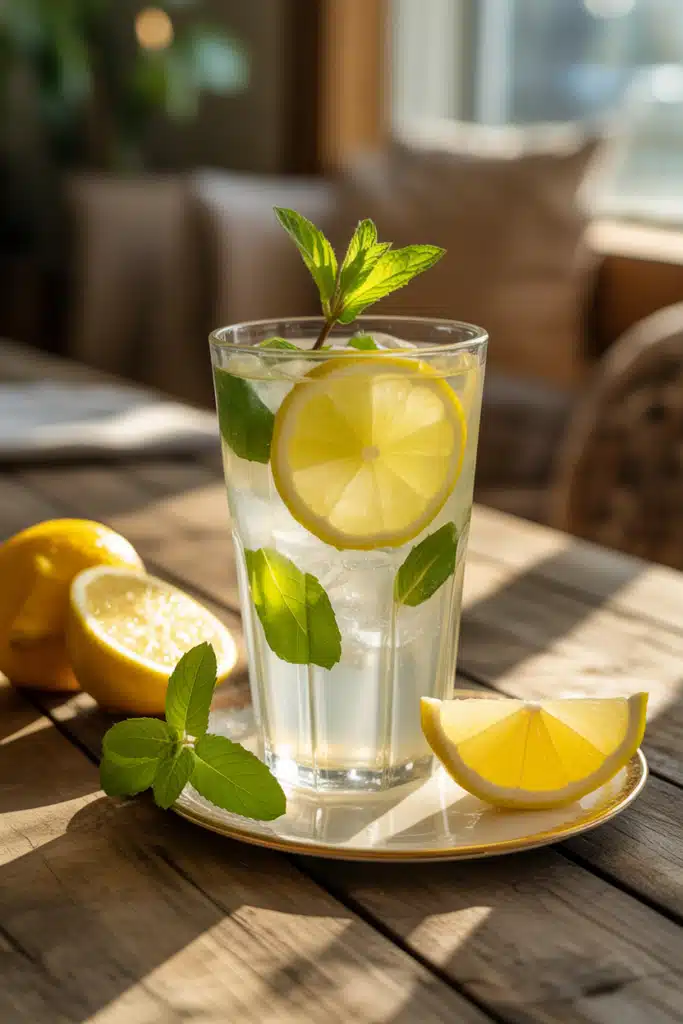 Fresh mounjaro drink recipe with lemon, mint, and ice cubes.