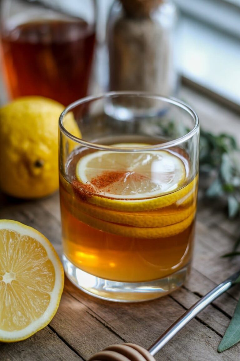 Apple cider vinegar weight loss recipe drink with lemon, honey, and cayenne.