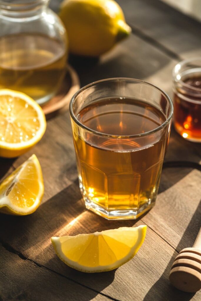 Close-up of apple cider vinegar cleanse drink with lemon and honey