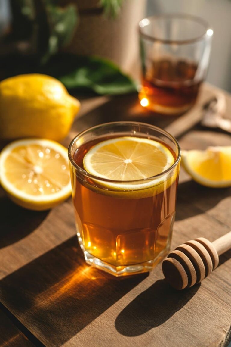Close-up of apple cider vinegar cleanse drink with lemon and honey