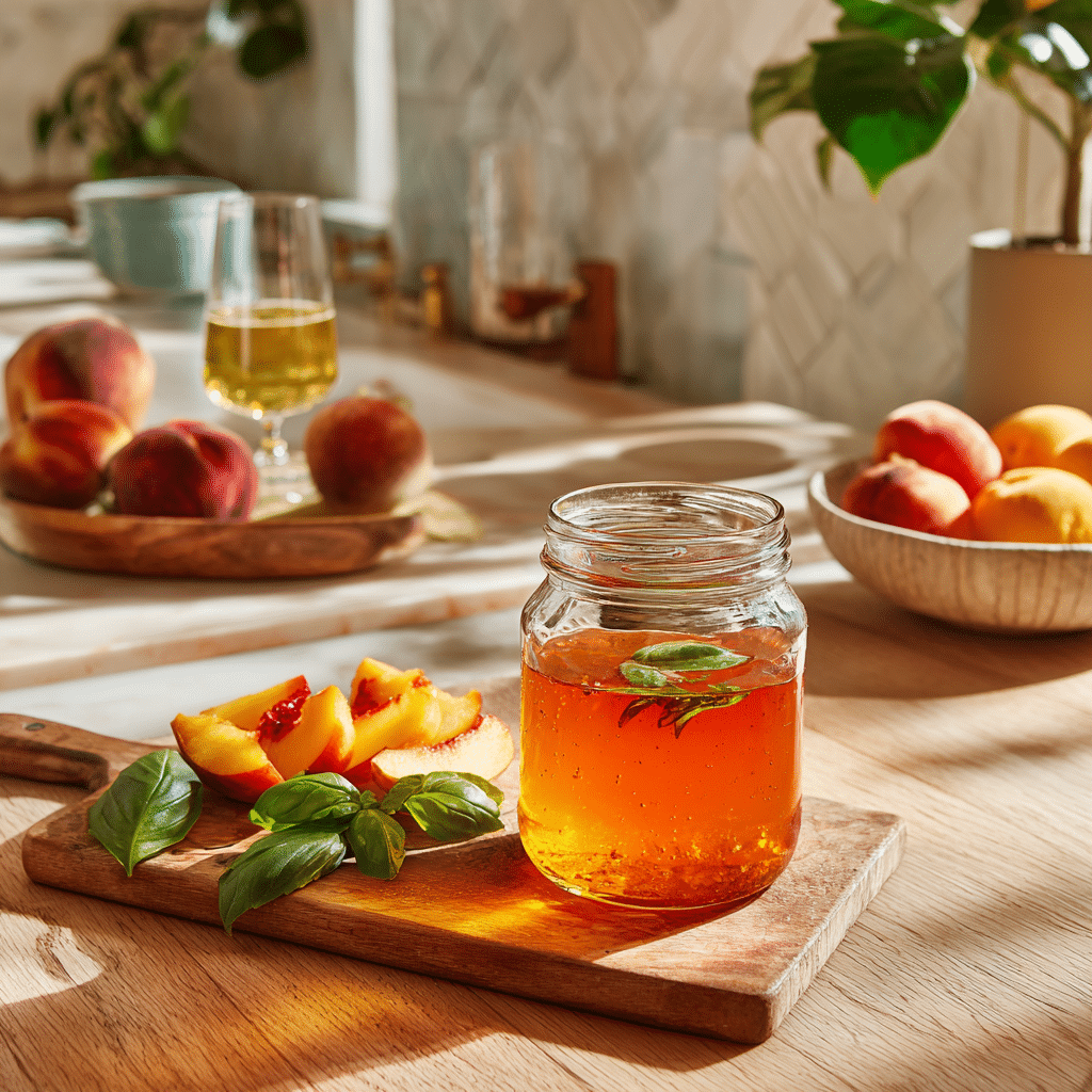 Apple cider vinegar gnat trap in a modern kitchen with fresh peaches