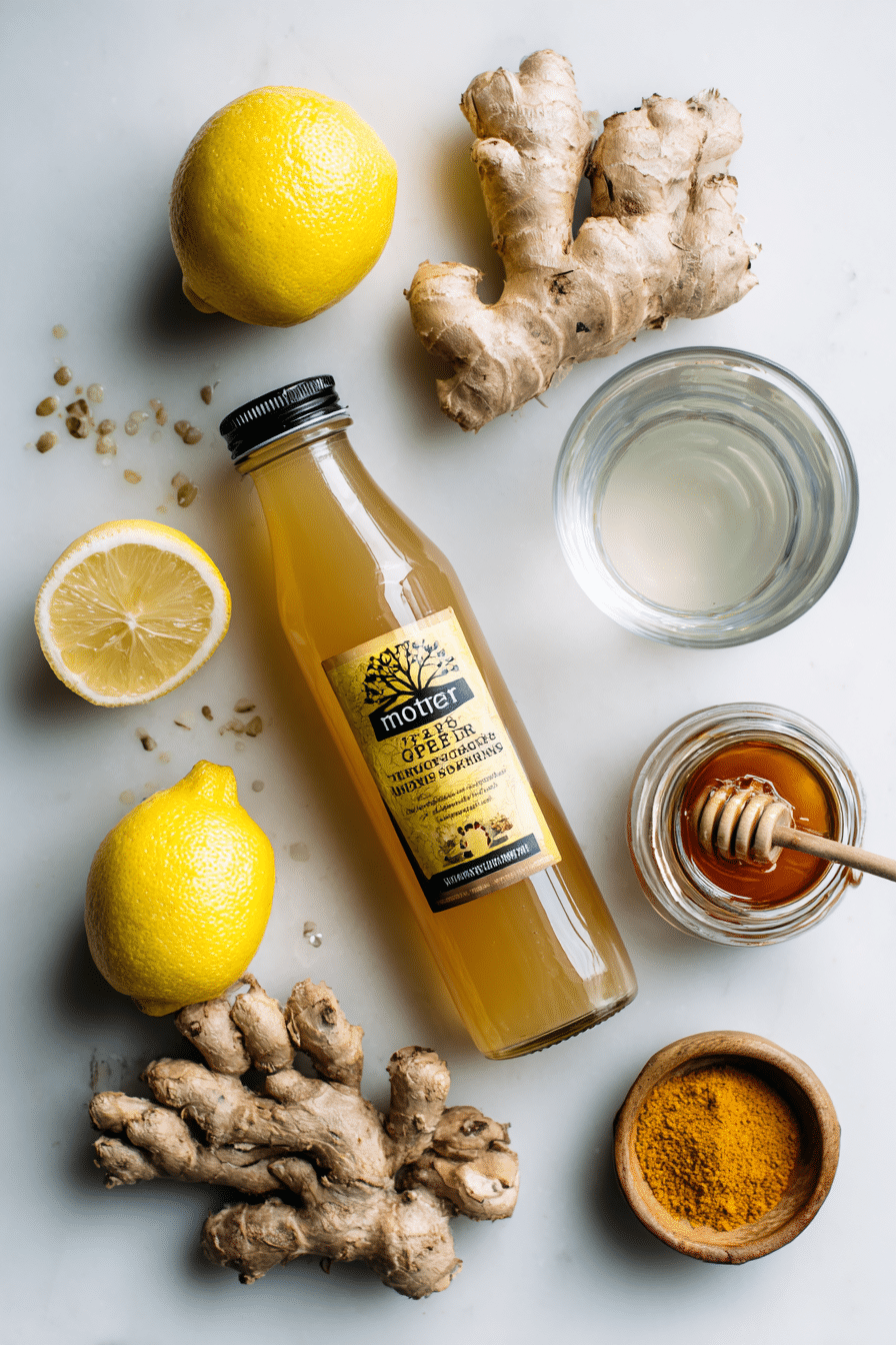 Apple Cider Vinegar Shot Recipe 1 Apple cider vinegar shot ingredients including lemon, ginger, honey, and turmeric