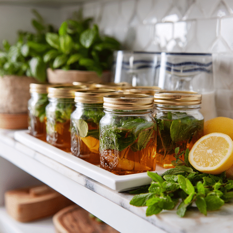 Prepared apple cider vinegar shots stored in jars in the fridge