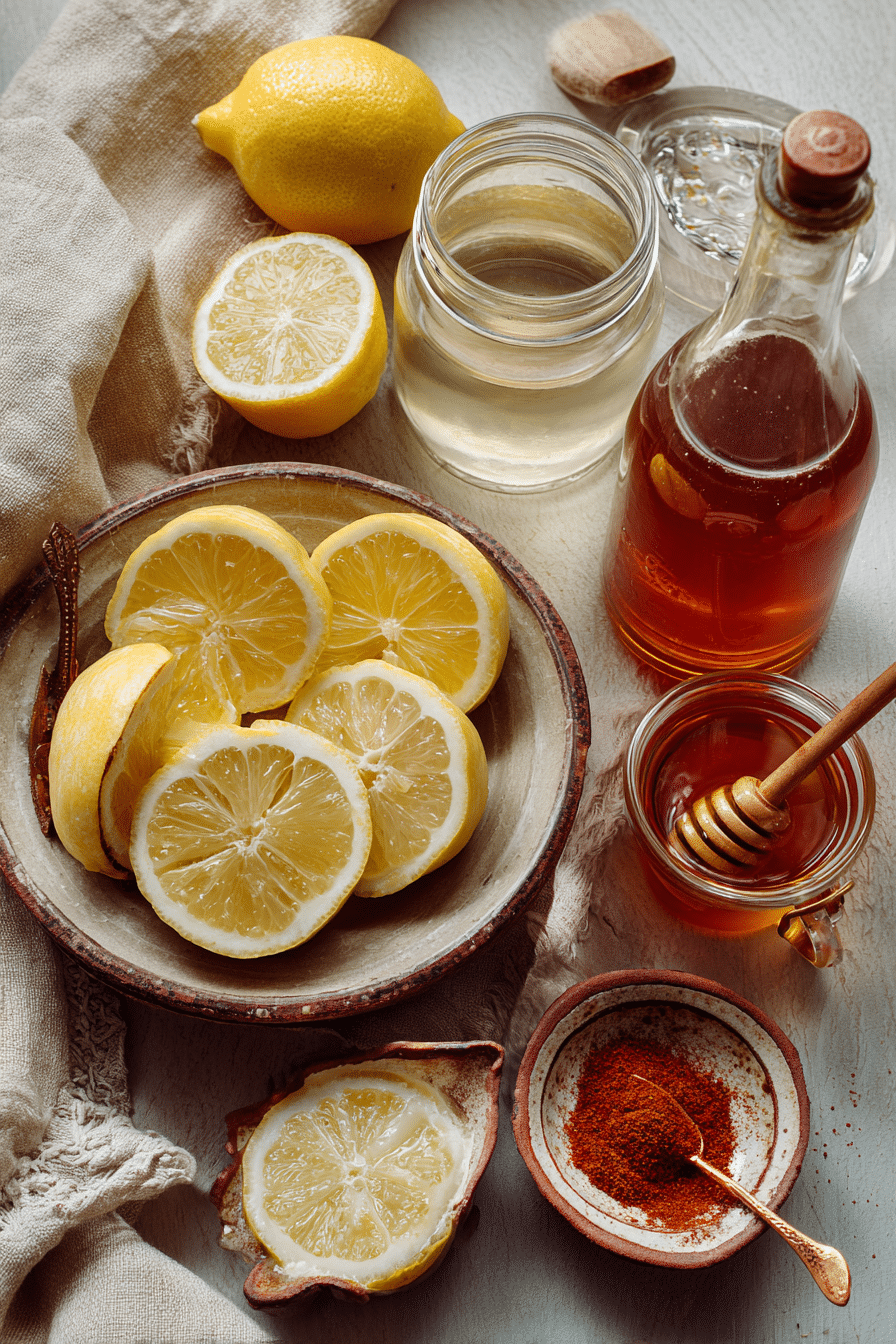 Lemon Juice Apple Cider Vinegar Drink 1 Lemon juice apple cider vinegar drink ingredients laid out naturally