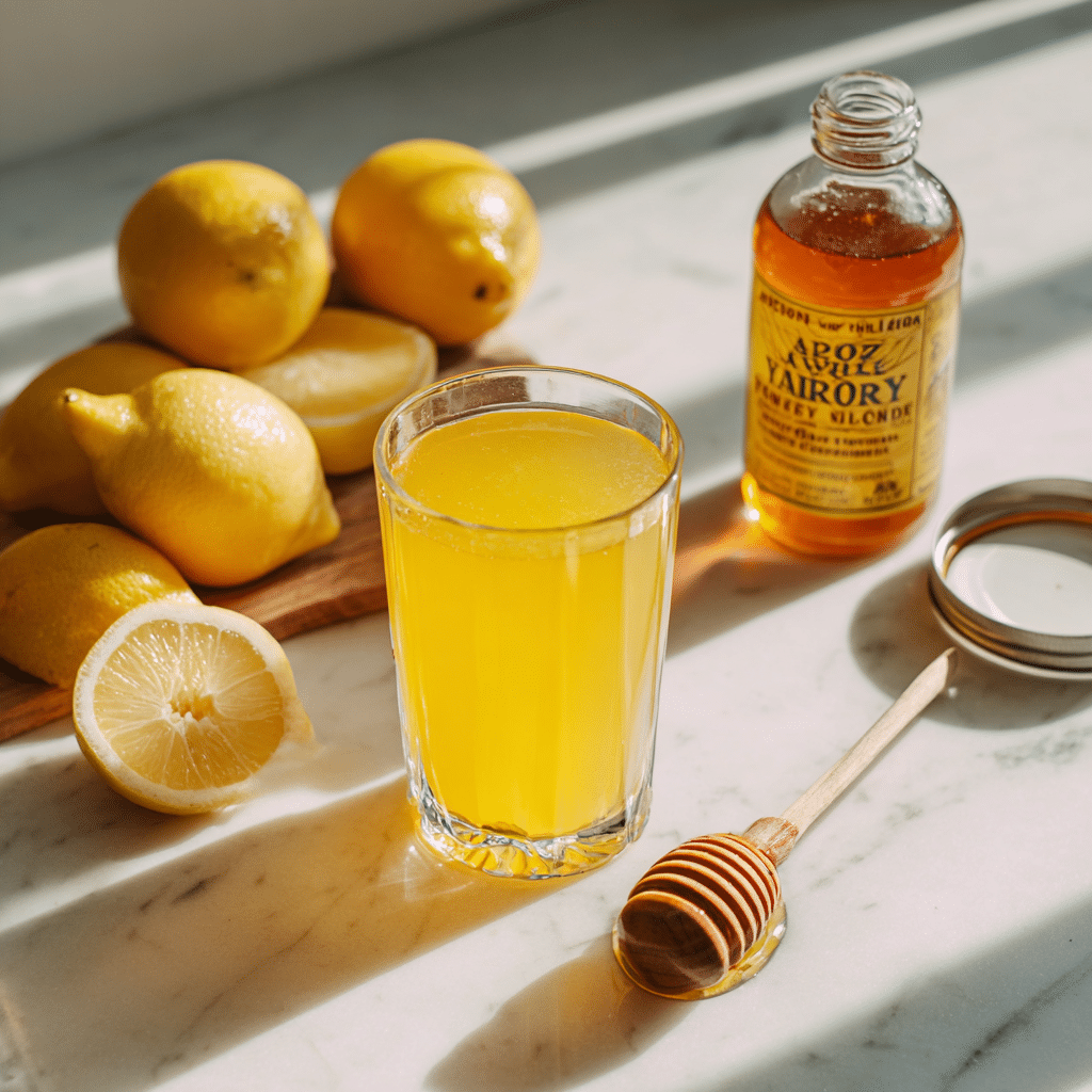 Healthy lemon juice apple cider vinegar morning drink with fresh ingredients