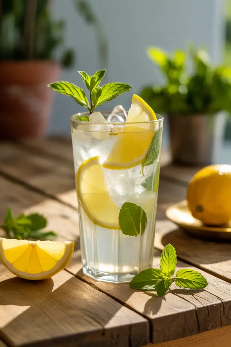 Fresh mounjaro drink recipe with lemon, mint, and ice cubes.