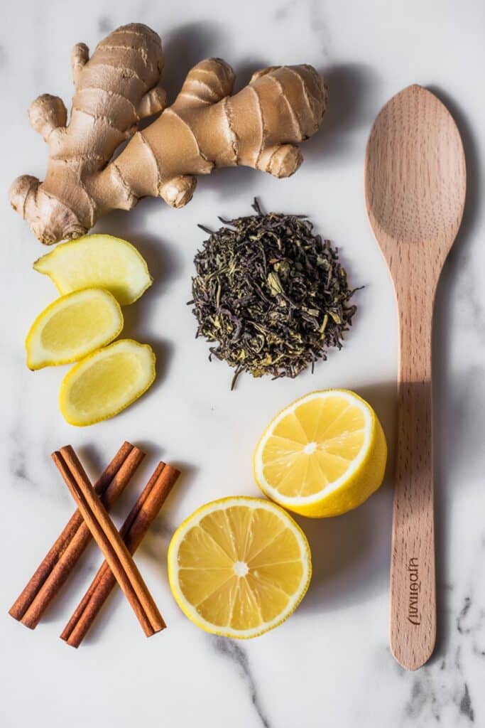 Ingredients for Natural Mounjaro Tea recipe including ginger, tea, lemon, and cinnamon.