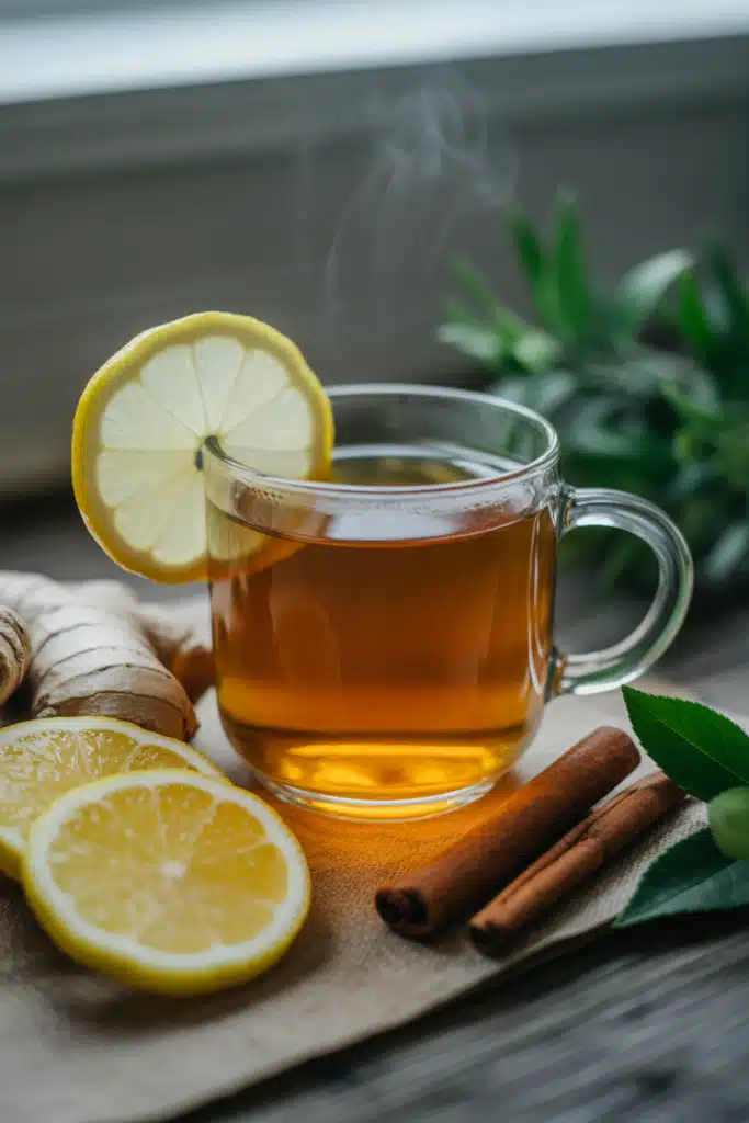 Close-up Natural Mounjaro Tea recipe with lemon, ginger, and cinnamon.