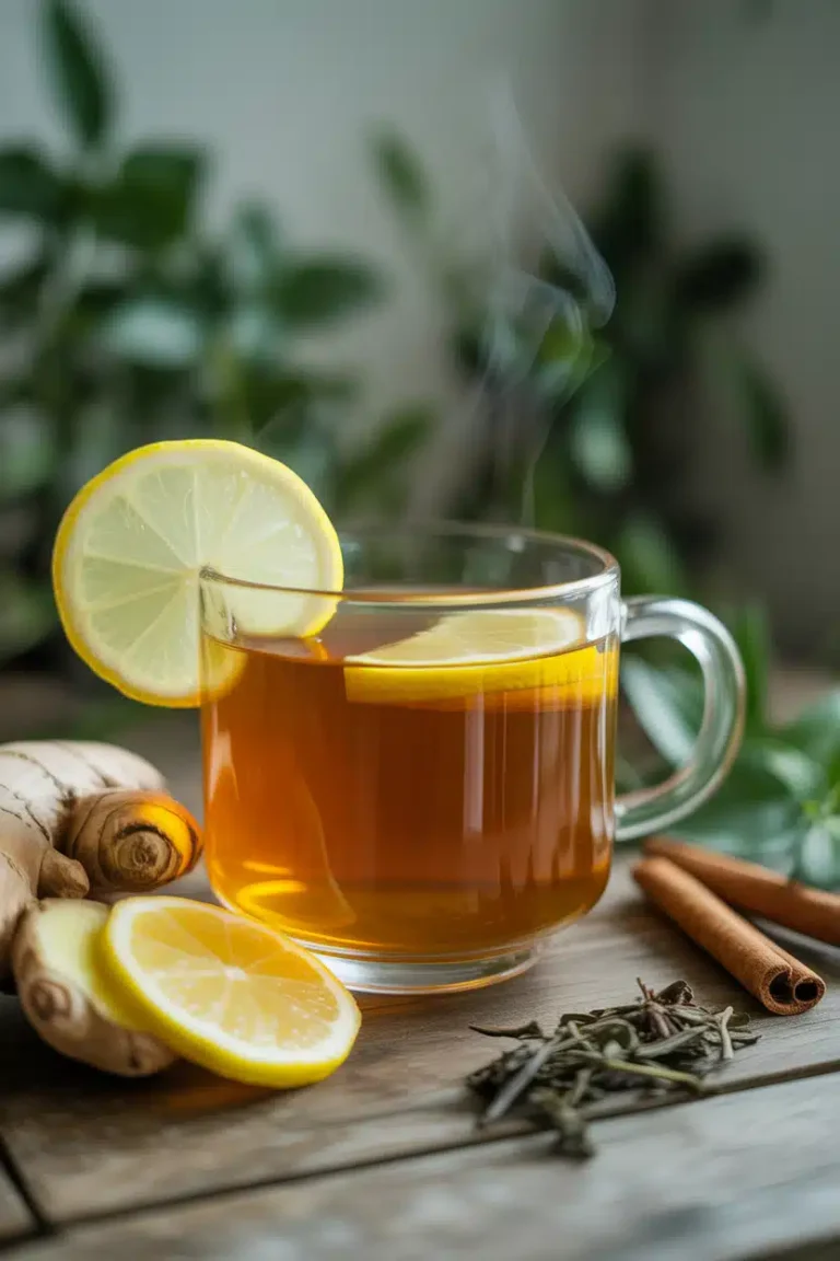 Close-up Natural Mounjaro Tea recipe with lemon, ginger, and cinnamon.