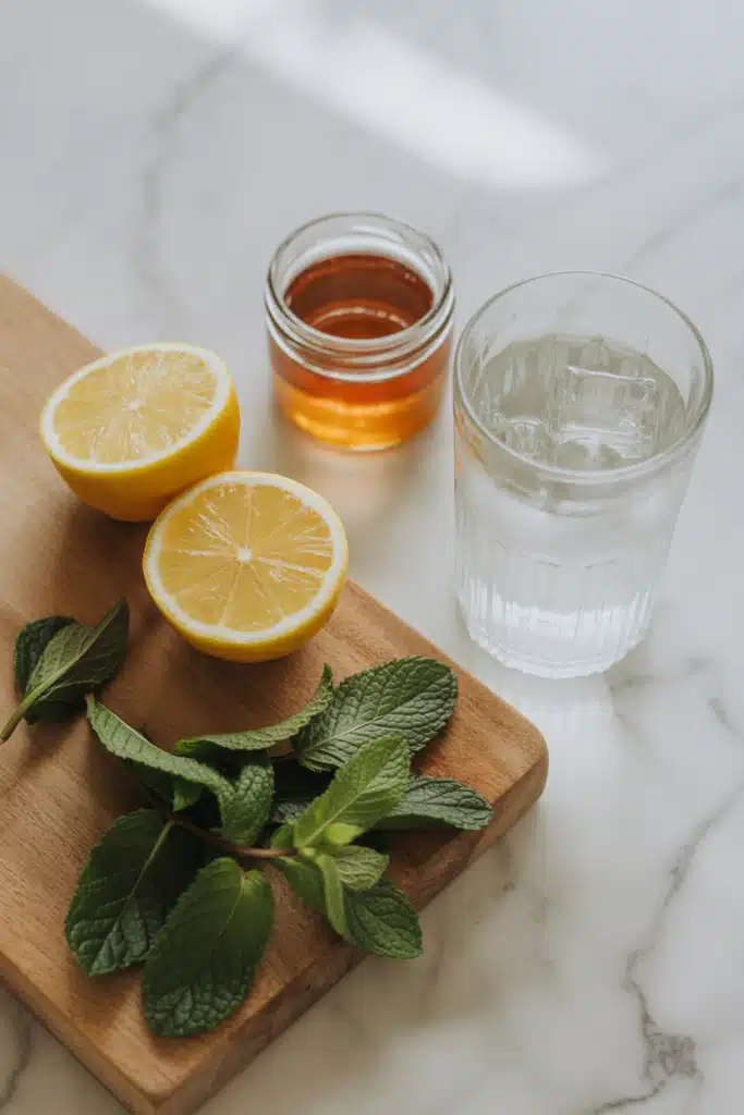 Ingredients for mounjaro drink recipe: lemon, mint, honey, water.