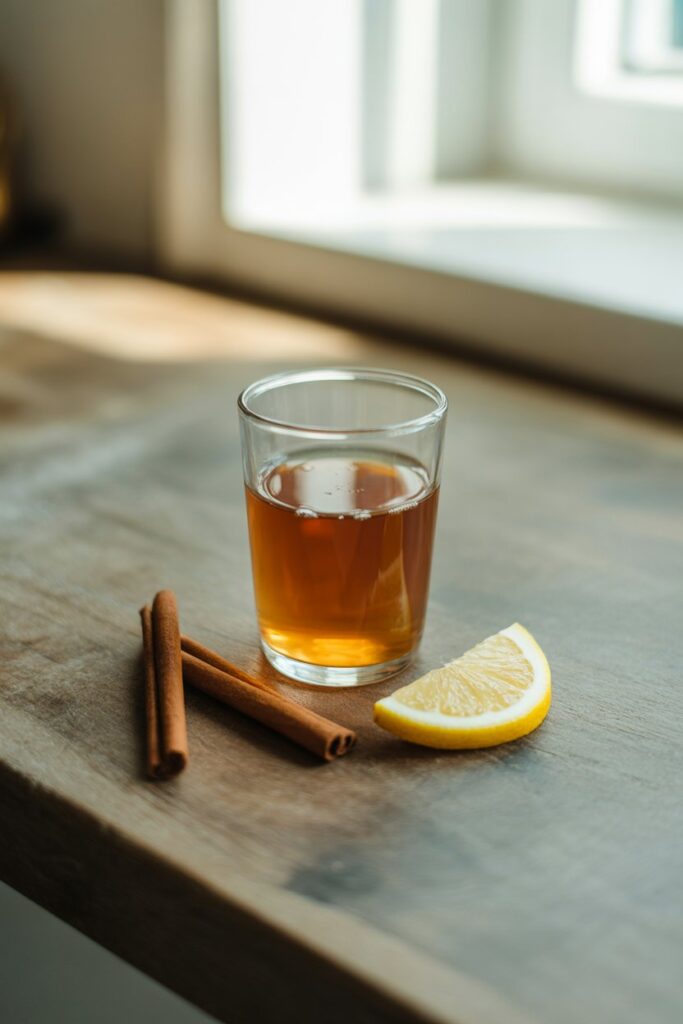 Apple cider vinegar shot recipe in a small glass with lemon and cinnamon.