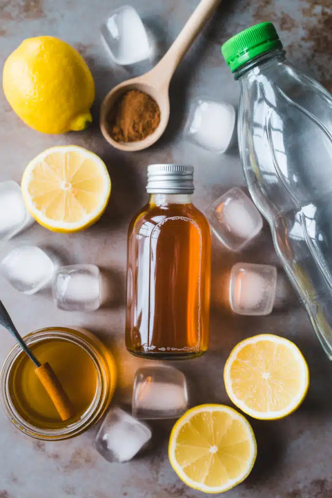 Apple cider vinegar cocktail ingredients flat lay