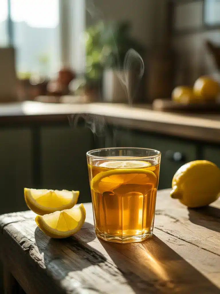 Close-up of apple cider vinegar drink for gout with lemon and honey