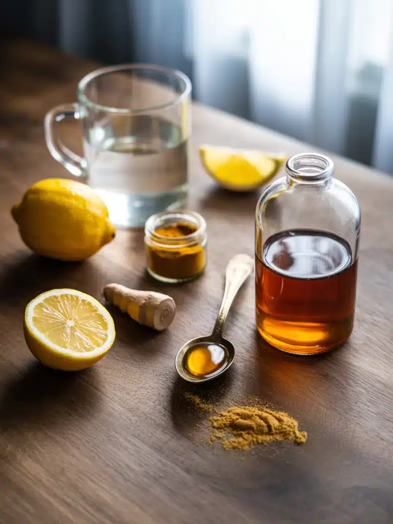 Apple cider vinegar drink for gout ingredients on rustic table