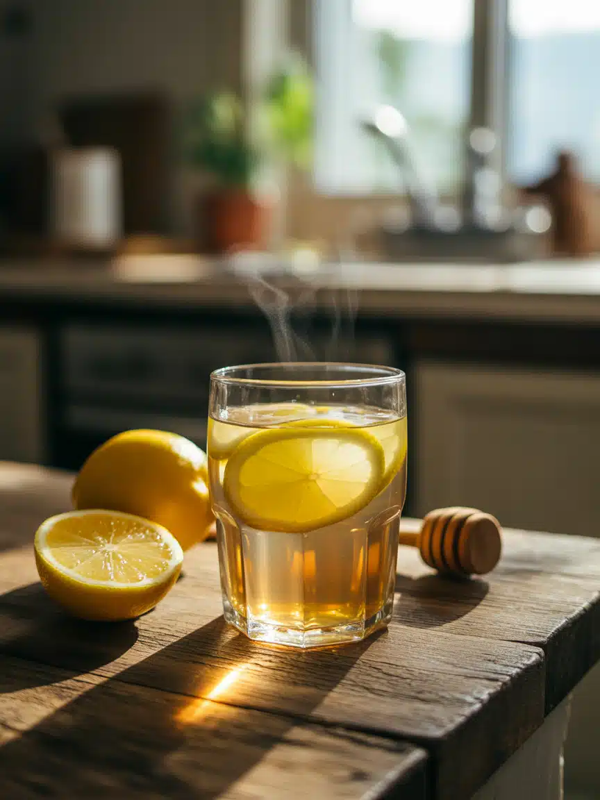 Close-up of apple cider vinegar drink for gout with lemon and honey