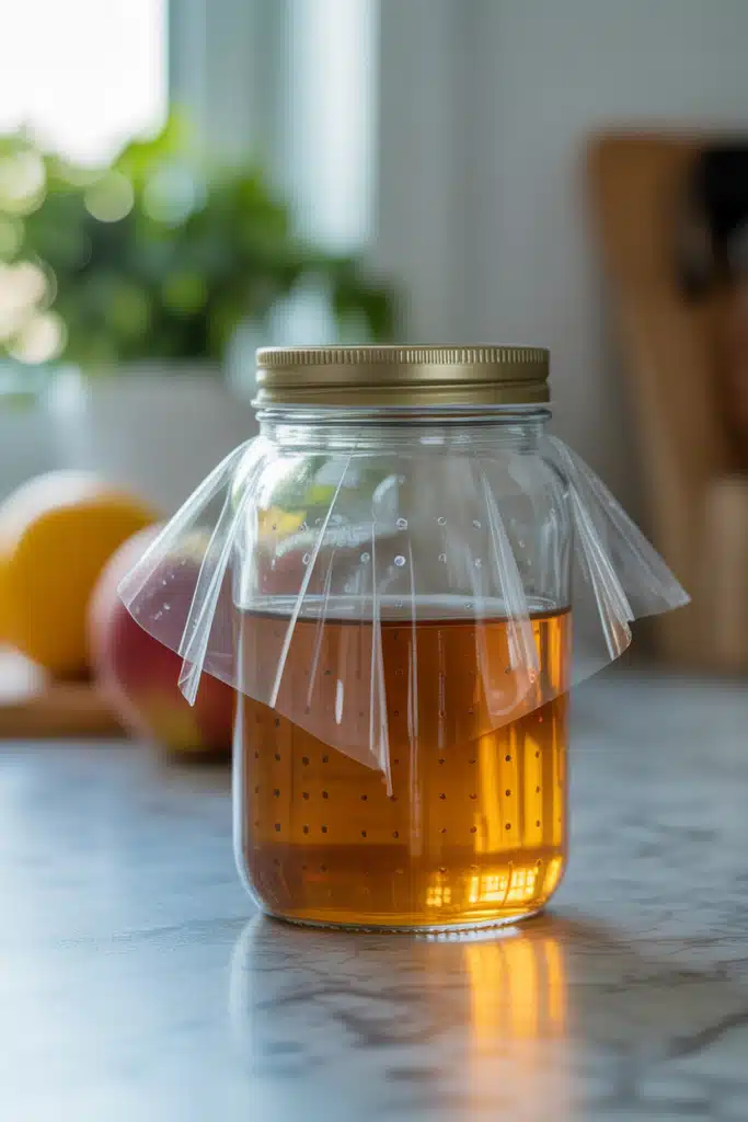 Apple cider vinegar gnat trap recipe in a kitchen jar