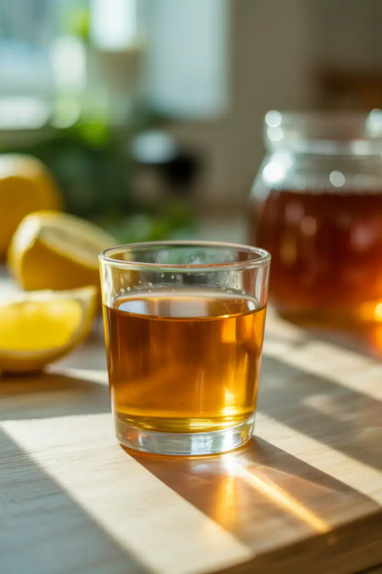 Apple cider vinegar morning shot with lemon and honey