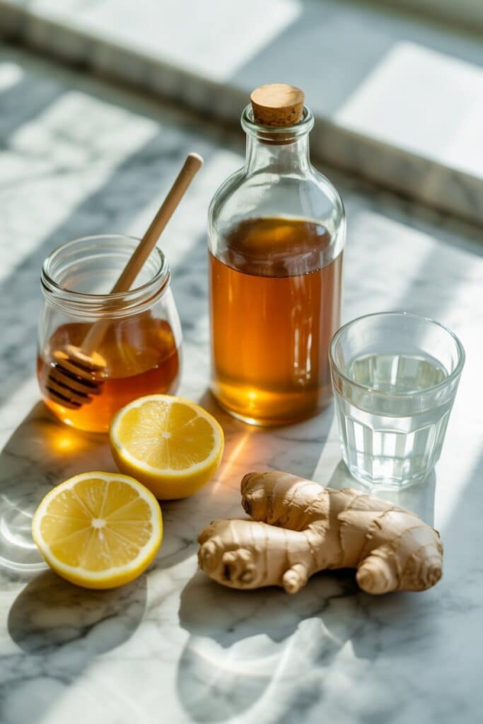 Ingredients for apple cider vinegar morning shot including lemon, honey, and ginger