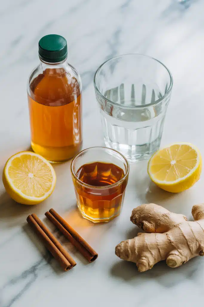 Ingredients for apple cider vinegar shot recipe on white marble