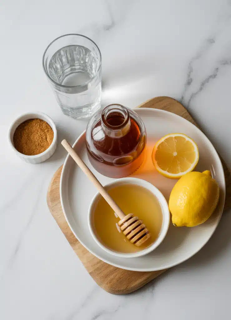 Ingredients for apple cider vinegar weight loss recipe: ACV, lemon, honey, cayenne, water.