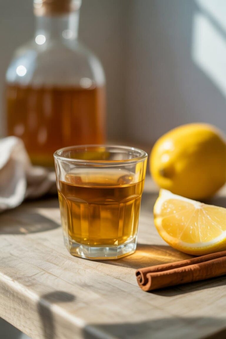 Apple cider vinegar shot recipe in a small glass with lemon and cinnamon.
