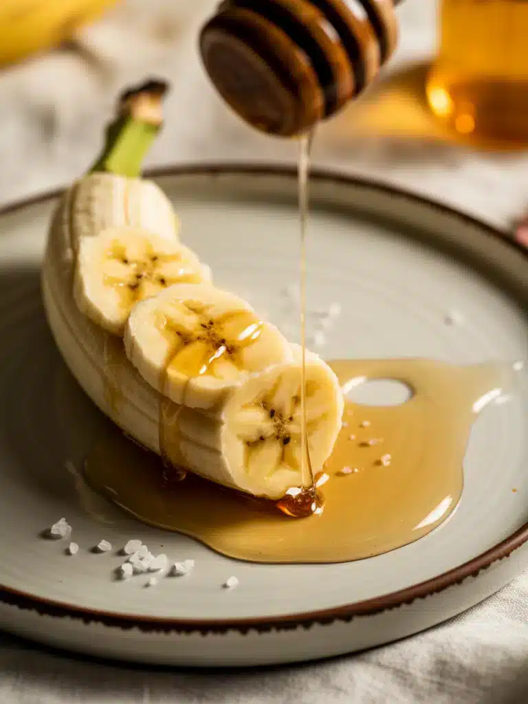 Close-up of banana with honey and salt for recipe