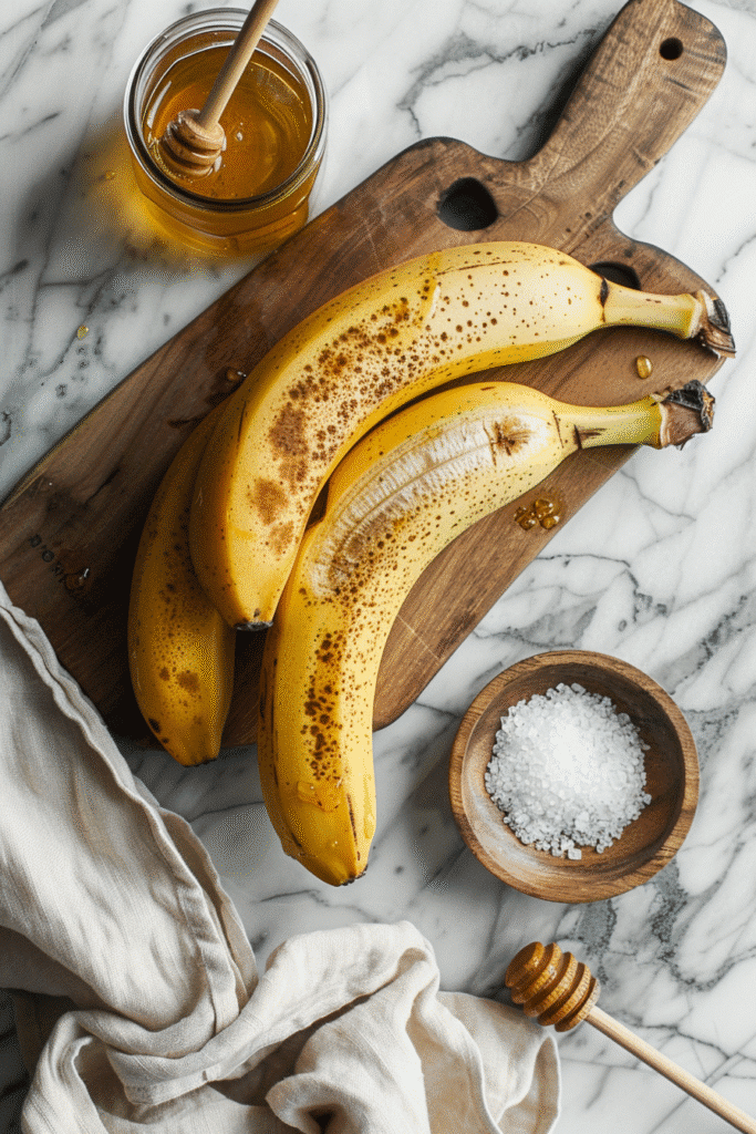 Ingredients for banana honey salt recipe including banana, honey, and sea salt