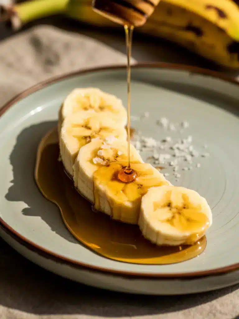 Close-up of banana with honey and salt for recipe