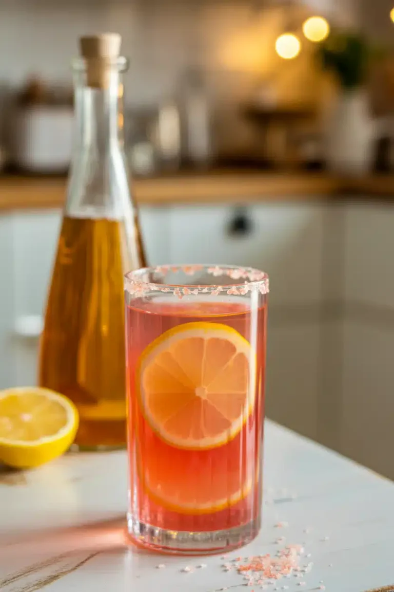 Glass of 4 ingredient mounjaro recipe with lemon and pink salt.