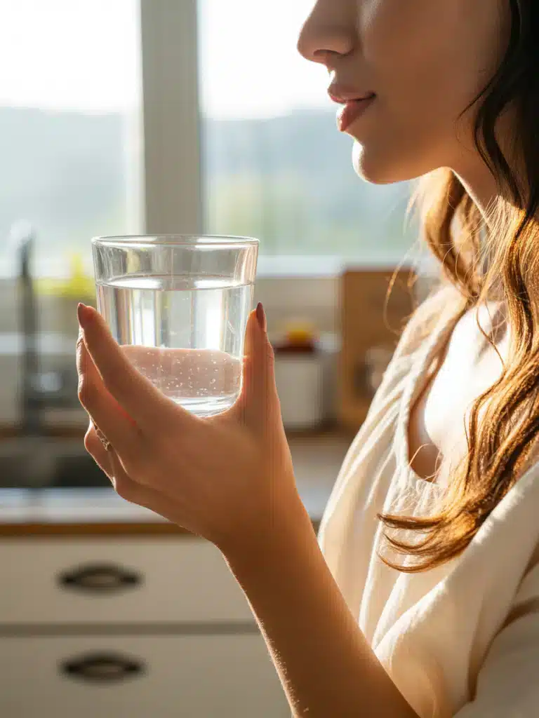 Close-up of woman drinking salt detox water in morning