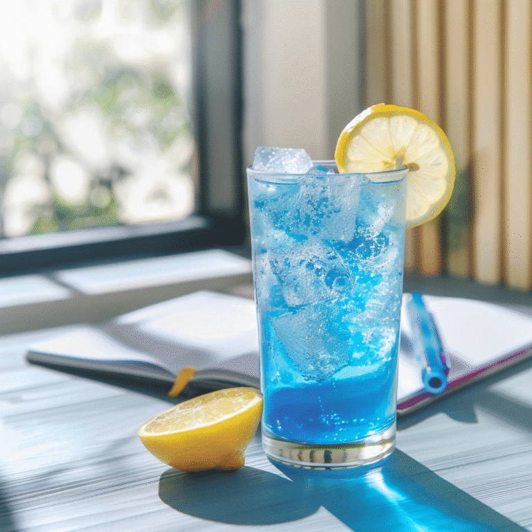 Blue salt energy drink served with lemon in a wellness setting