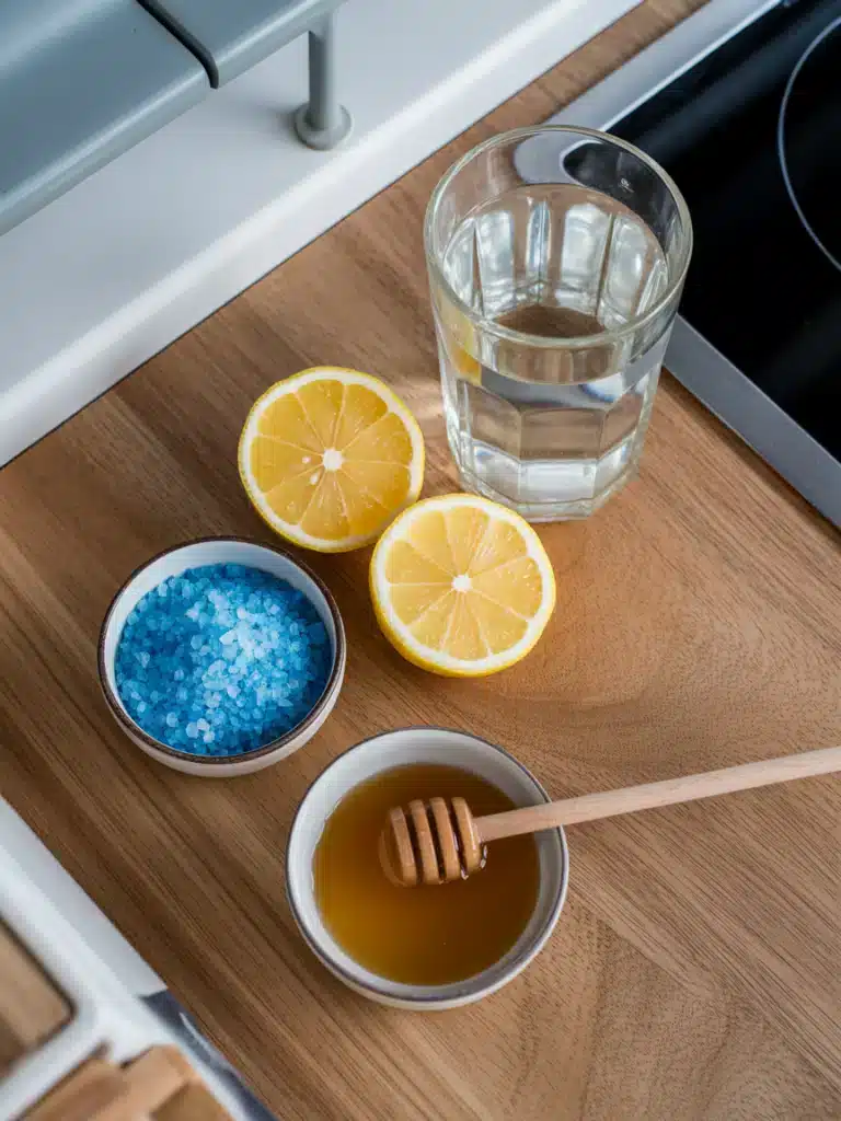 Ingredients for blue salt testosterone boost recipe with lemon and coconut water