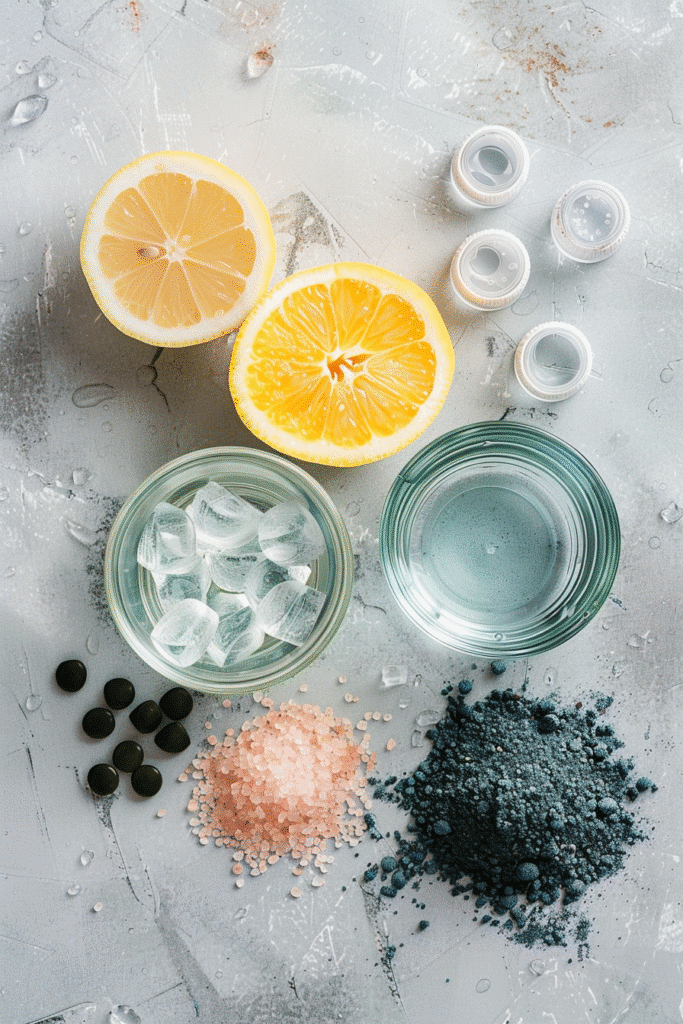 Ingredients for blue salt testosterone boost drink including salt, lemon, and minerals