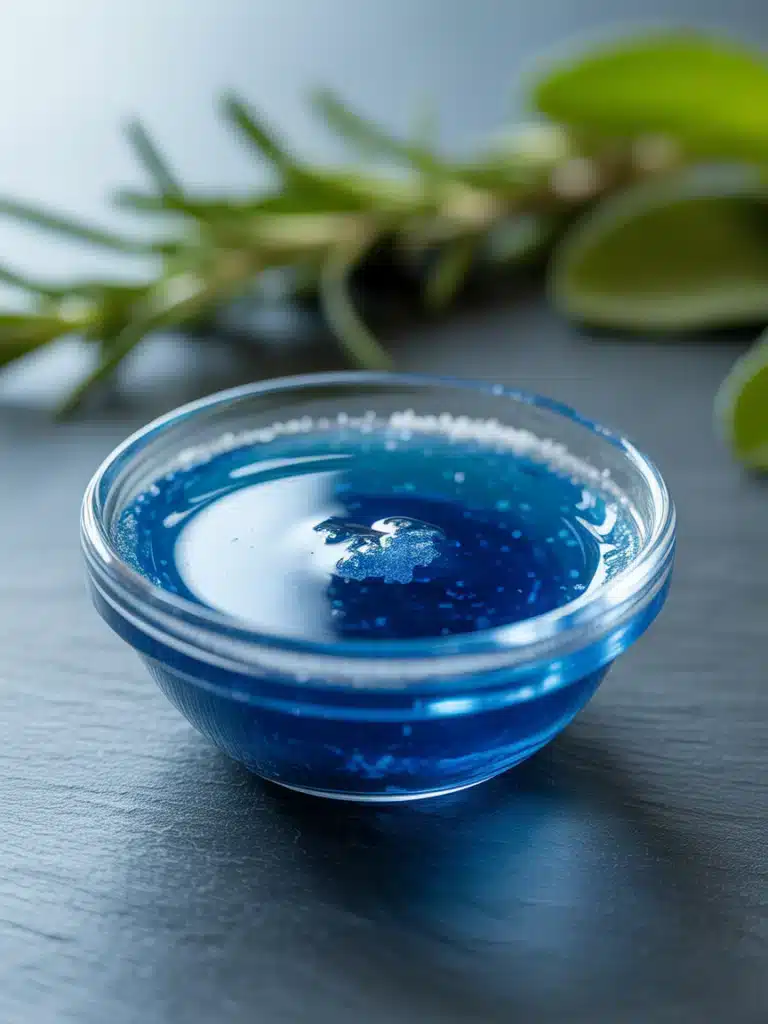 Close-up of blue salt trick for men blue salt solution in a glass bowl