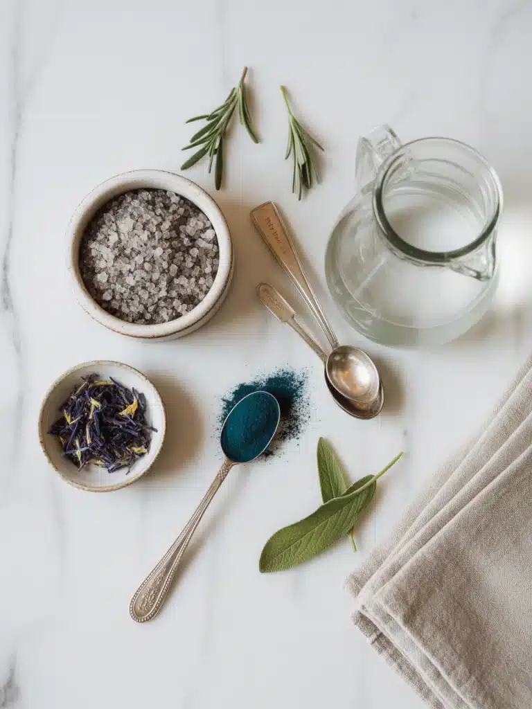 Ingredients for the blue salt trick for men including sea salt spirulina butterfly pea herbs and water