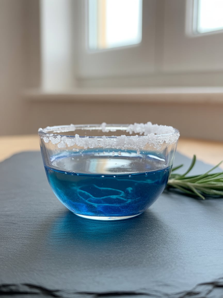 Close-up of blue salt trick for men blue salt solution in a glass bowl