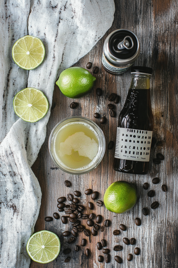 Three ingredients for Brazilian Mounjaro recipe: lime juice, sparkling water, and coffee