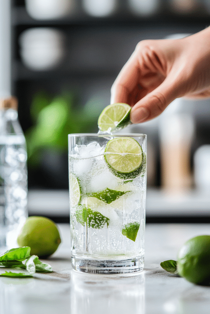 Fresh lime juice added to mocktail glass