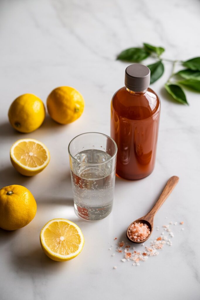 Brazilian Mounjaro recipe with apple cider vinegar and lemon on marble table