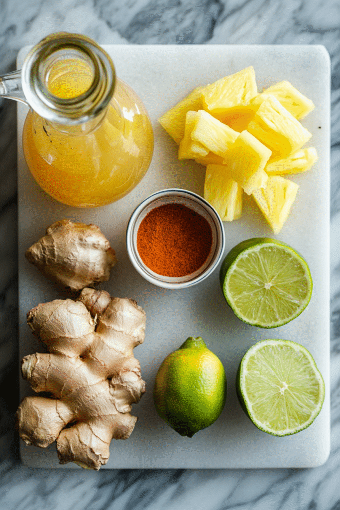 Apple cider vinegar, pineapple juice, ginger, cayenne, lime ingredients