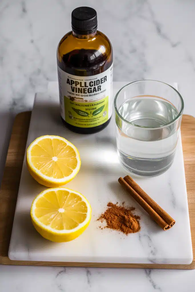 Ingredients for homemade Mounjaro recipe for weight loss: lemon, apple cider vinegar, cinnamon, and water.