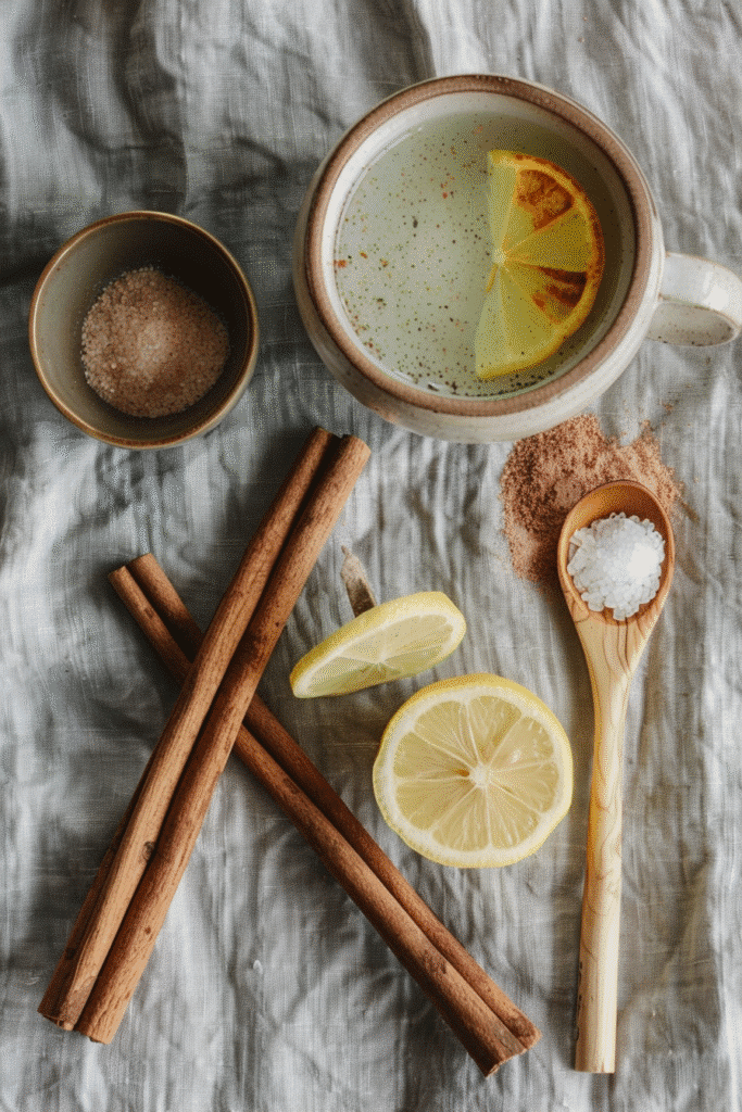 Ingredients for cinnamon and salt drink including pink salt and cinnamon sticks