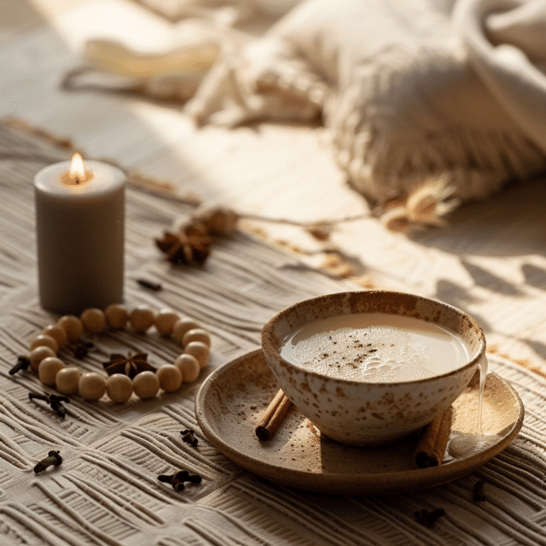 Served cinnamon and salt drink with ritual and prayer setup